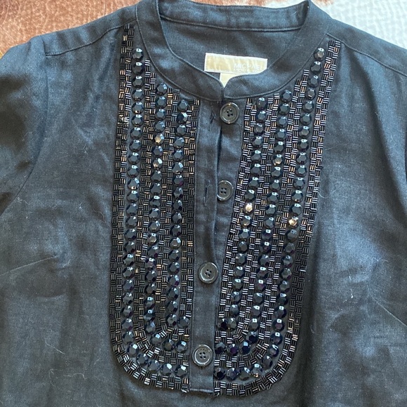 black 3/4 sleeve linen tunic dress Michael Kors beaded embellishments - Picture 5 of 7